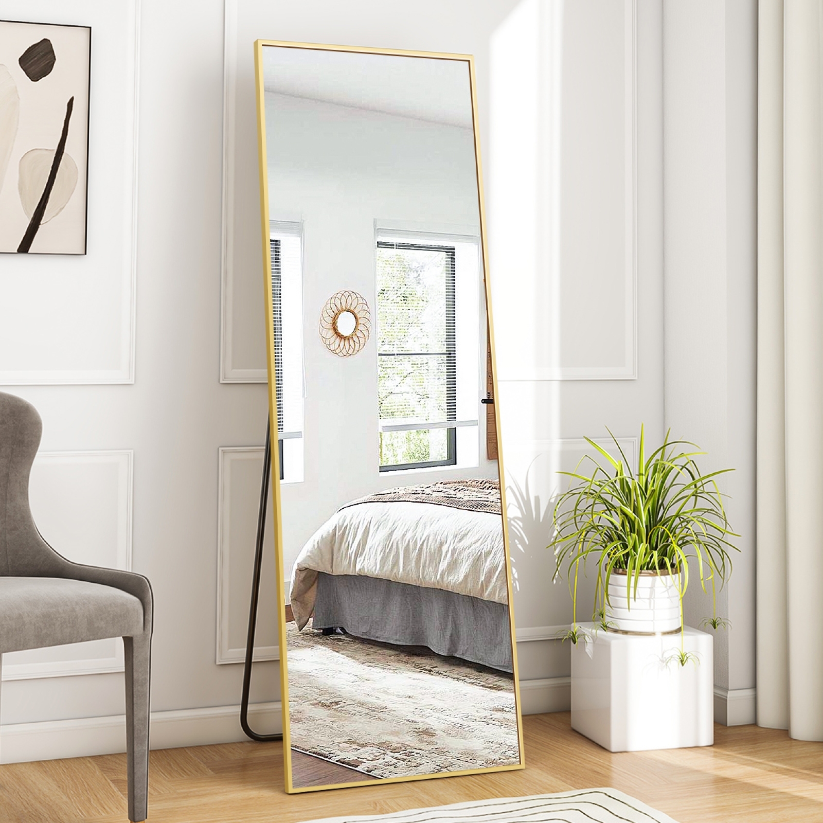 Anyrose 59.1"x16" Rectangle Full Length Mirror Metal Frame Floor Mirror with Stand, Gold