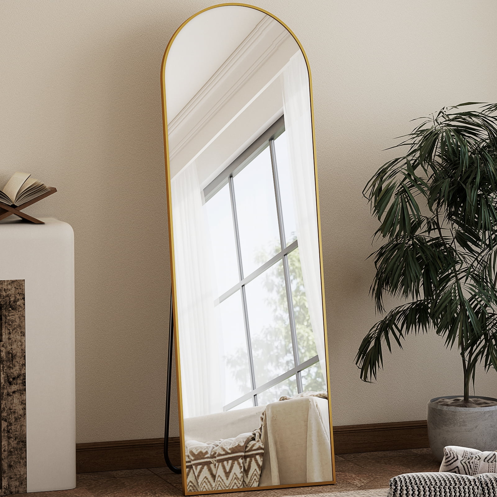 Anyrose 59"x16" Arched Full Length Mirror Floor Mirror with Stand Wall-Mounted, Gold