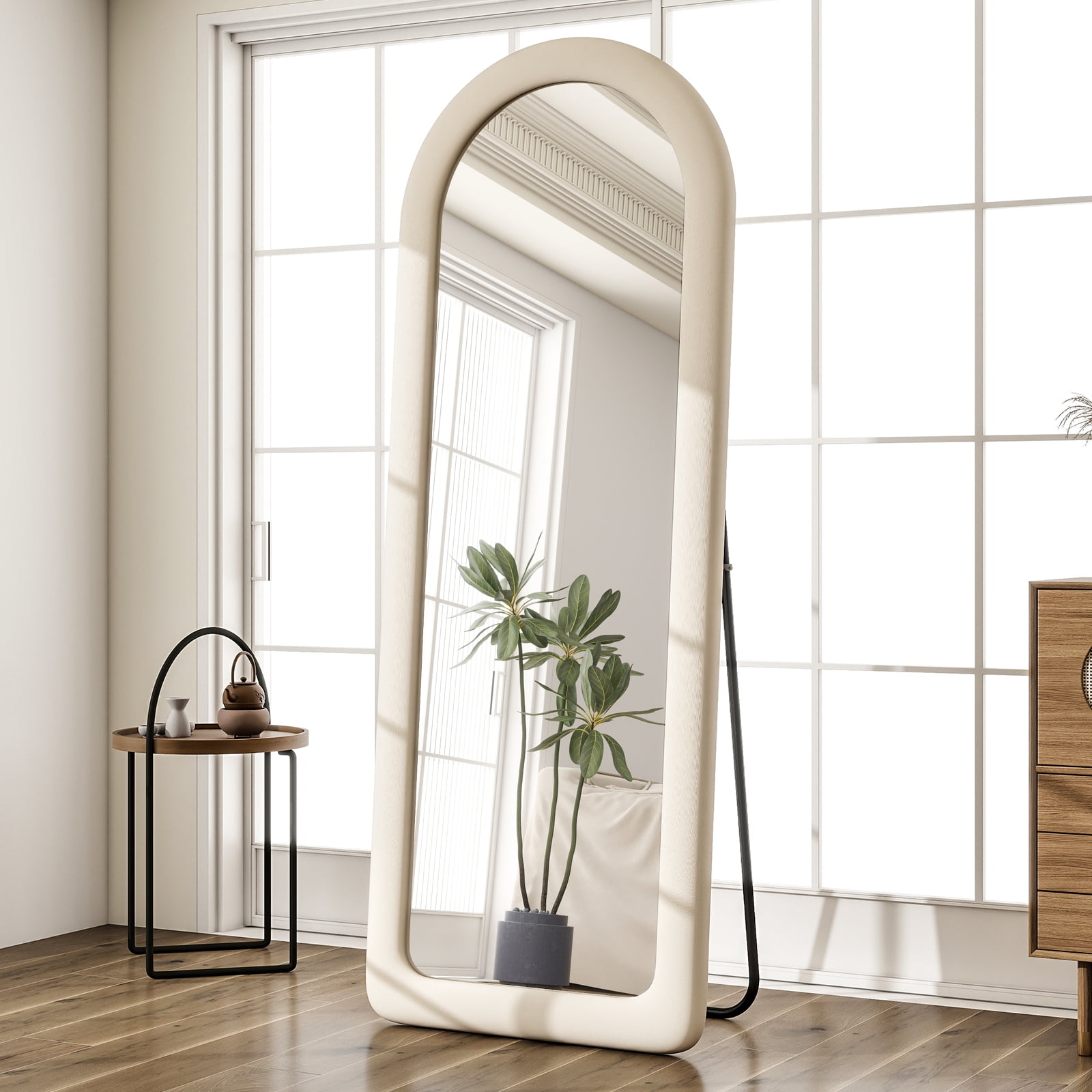 Anyrose 63"x24" Arch-Top Floor Mirror Round-Edge With Thick Flannel Frame, White