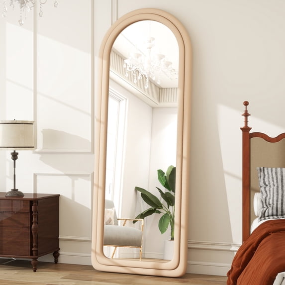 Anyrose 63"x24" Arched Full Length Mirror Round-Edge Floor Mirror With Flannel Frame, Light Brown