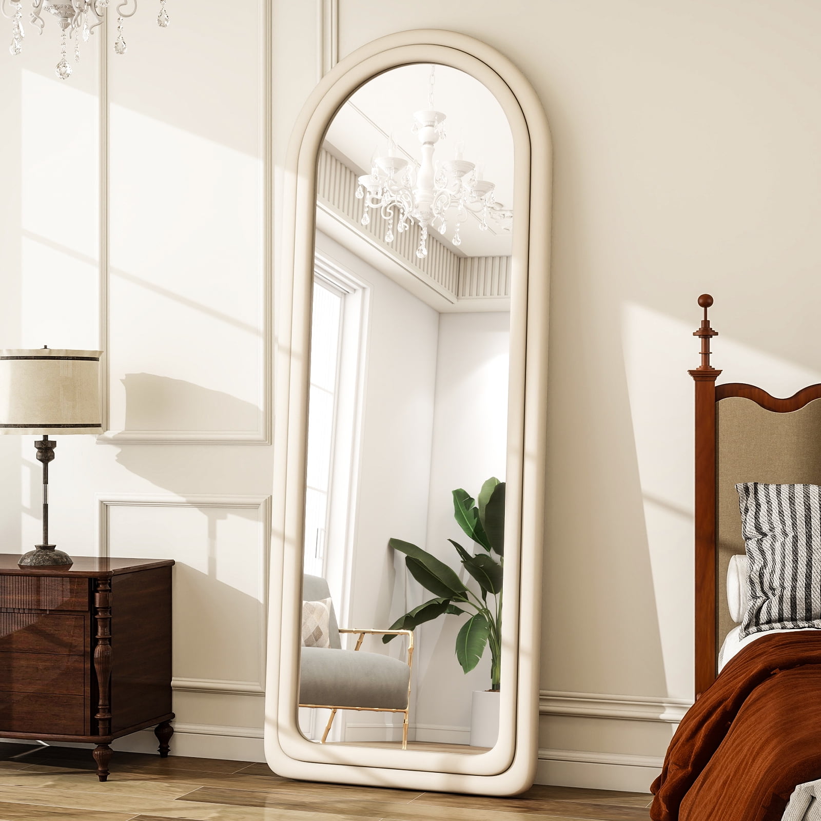 Puremirror 63"x24" Arched Full Length Mirror Round-Edge Floor Mirror With Flannel Frame, White