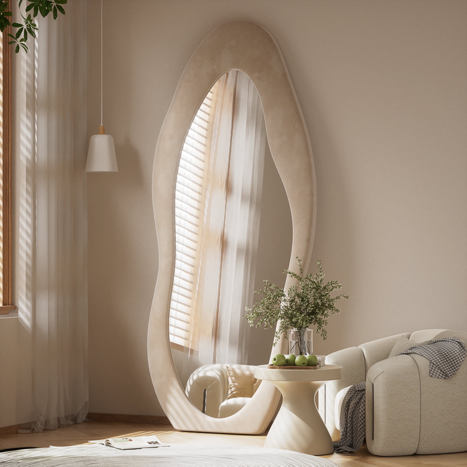 Anyrose 63"x24" Full Length Mirror Irregular Cloud Floor Mirror With Flannel Frame, White