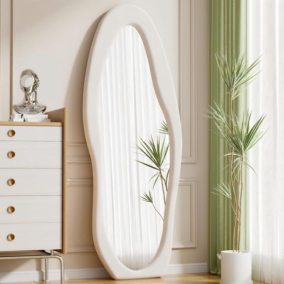 Anyrose 63"x24" Full Length Mirror Irregular Wavy Mirror Wall Mirror Hanging or Leaning,White