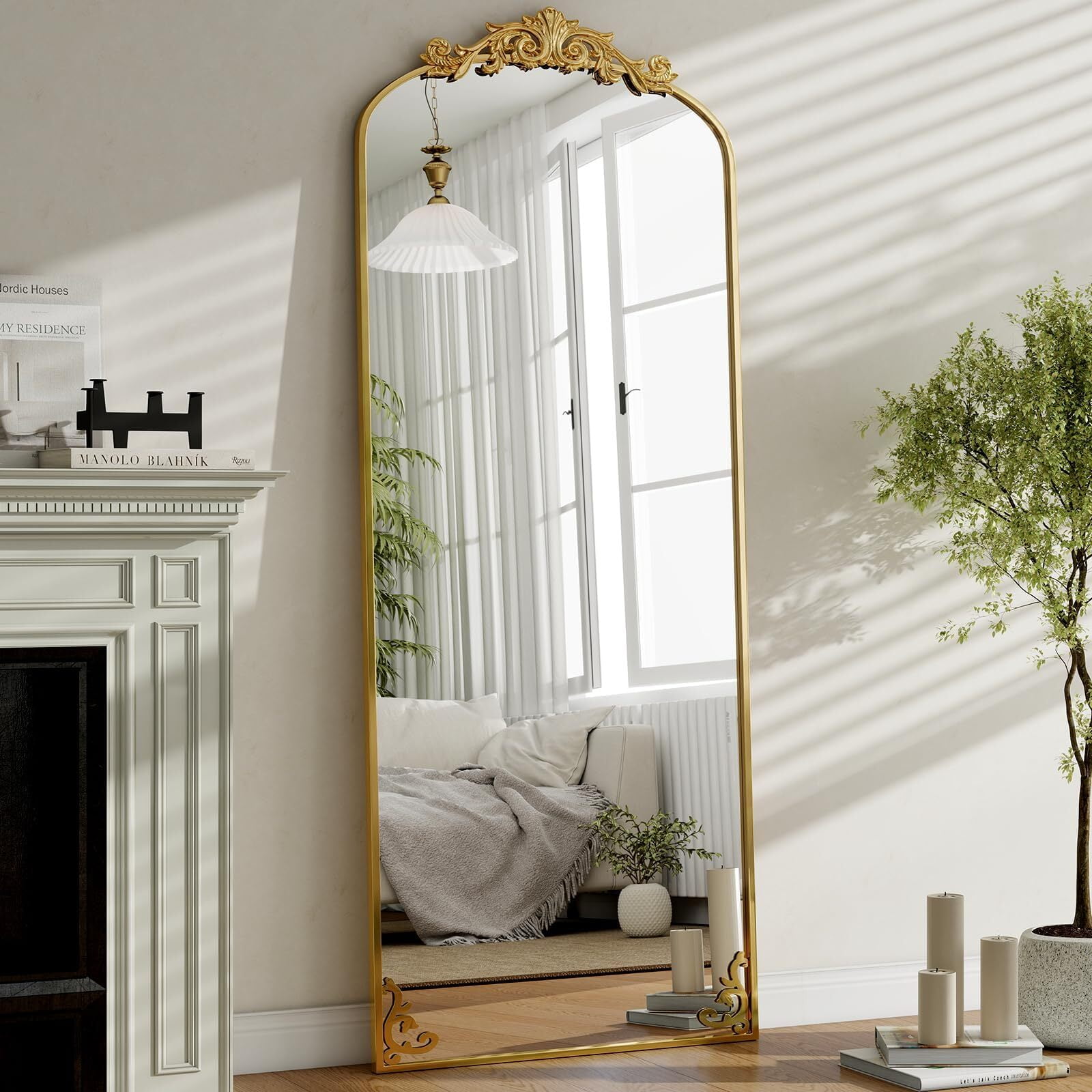 Anyrose 64.1"x21.3" Arched Full Length Mirror Baroque Vintage Floor Mirror with Carved Frame ...