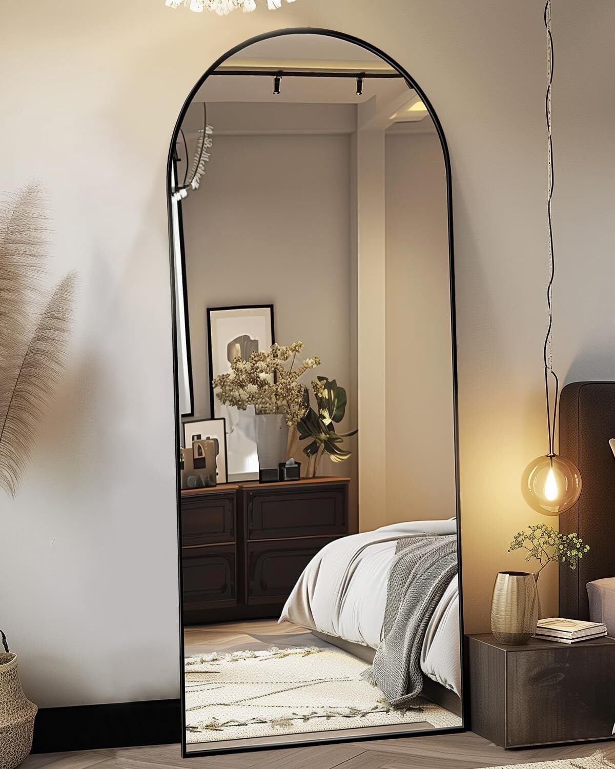 Anyrose 64.25"x 21" Arched Modern Full Length Floor Mirror Wall Mounted, Black