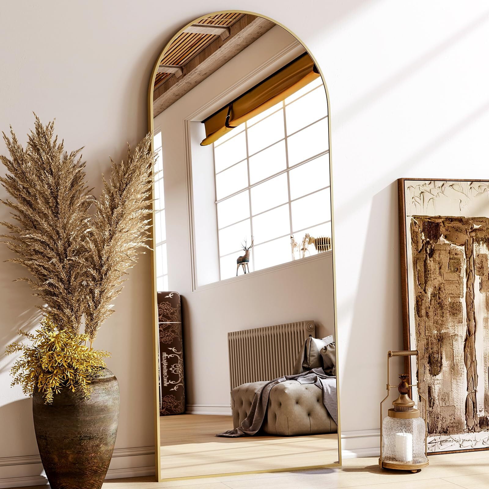 Anyrose 64.4"x21" Arched Modern Full Length Mirror Free standing Floor Mirror with Aluminum Frame, Gold
