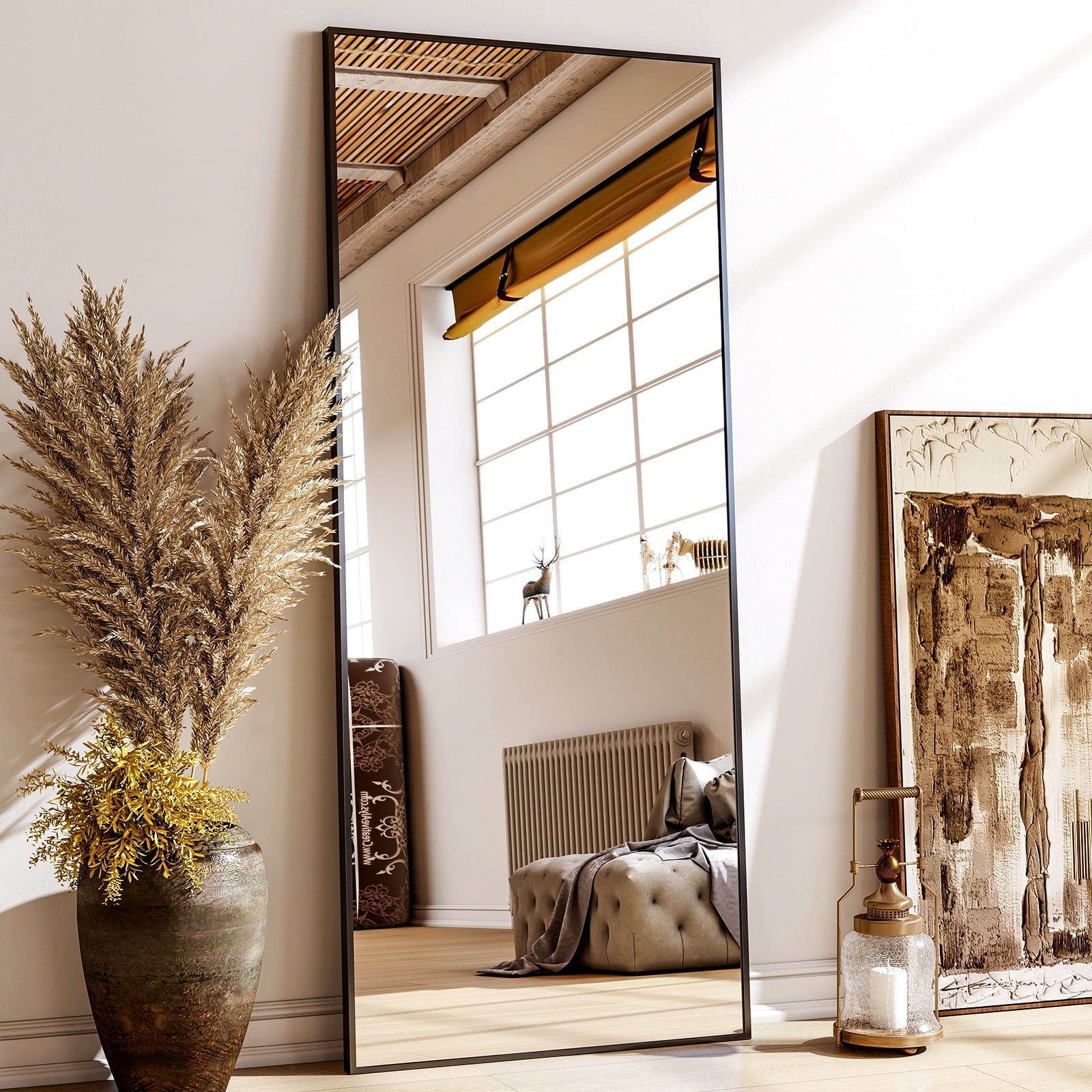 Cenovo 64" x 21.1" Full Length Mirror with Stand, Wall-Mounted Full Body Mirror,Black