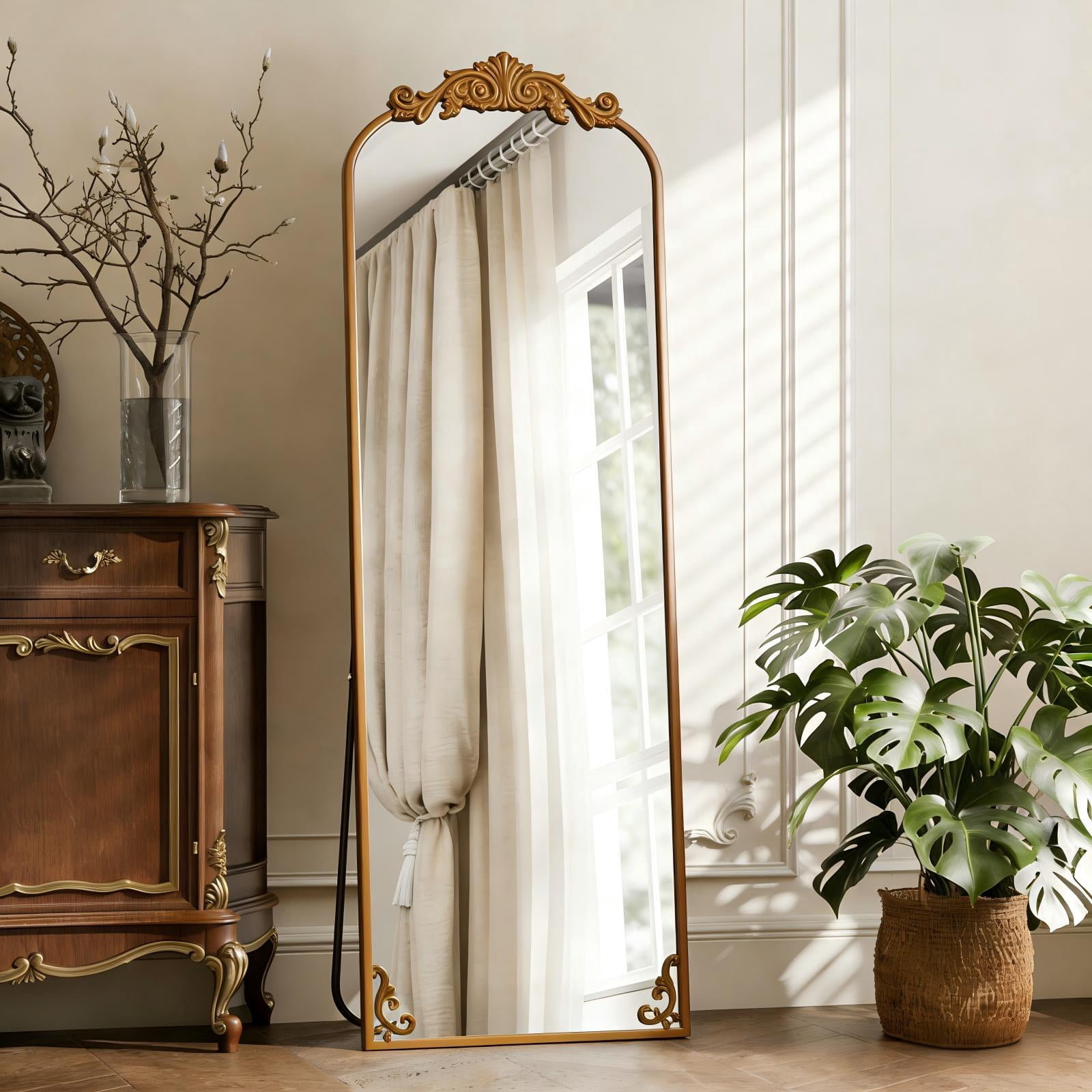 Anyrose 64"x 21" Baroque Full Length Mirror Arched Vintage Mirror with Stand, Gold