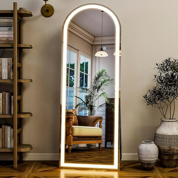 Gleamira 64" x 21" LED Full Length Mirror Arched Floor Mirror with Stand, White