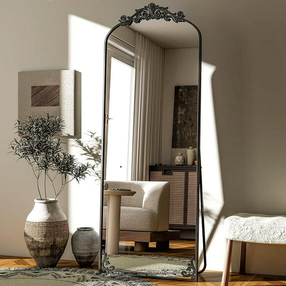 Anyrose 64"x 21" Vintage Full Length Mirror Arched Baroque Mirror Freestanding,Black