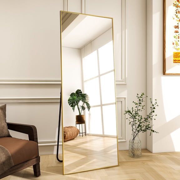 Anyrose 64"x21.1" Rectangle Full Length Mirror Metal Frame Floor Mirror with Stand, Gold