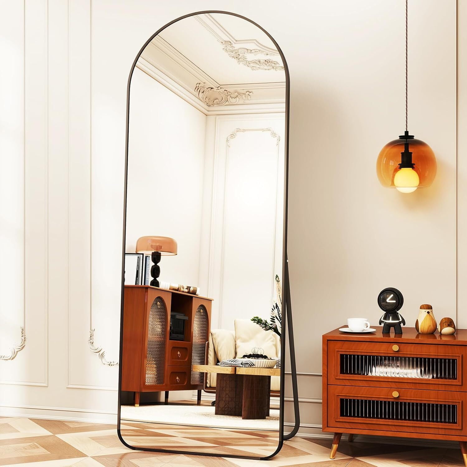 Anyrose 64.3"x21.1" Arched Full Length Mirror With Stand Wall-Mounted, Black