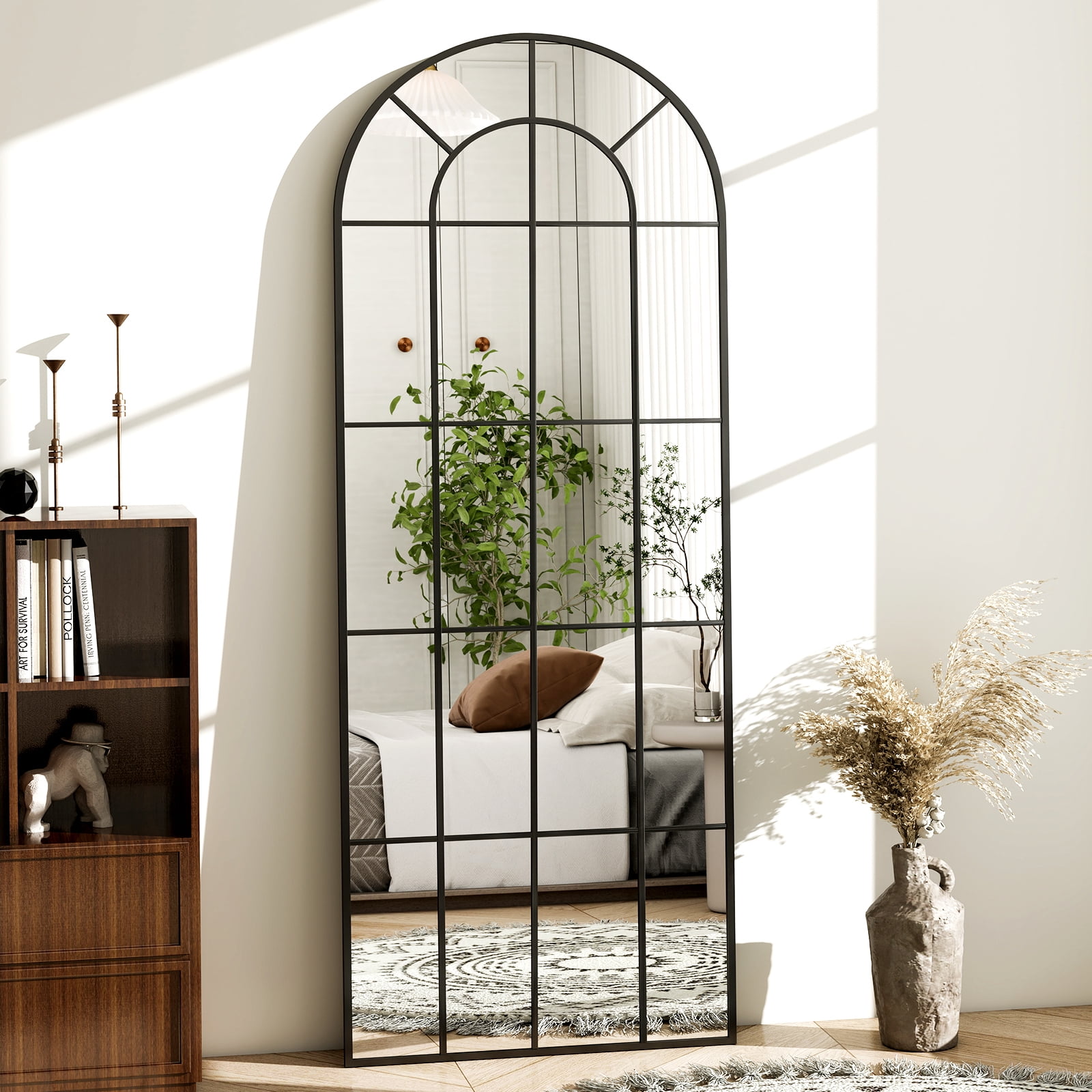 Anyrose 65"x 24" Floor Full Length Mirror, Large Arch Window Pane Mirror, Wall Mounted Mirror, Black