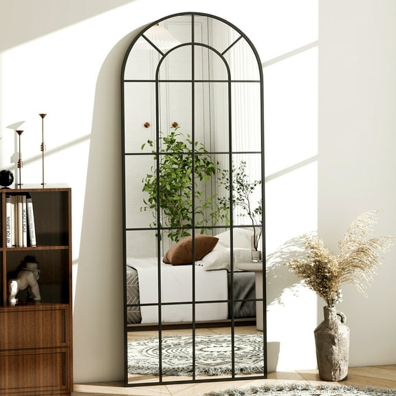 Anyrose 65"x 24" Floor Full Length Mirror, Large Arch Window Pane Mirror, Wall Mounted Mirror, Black