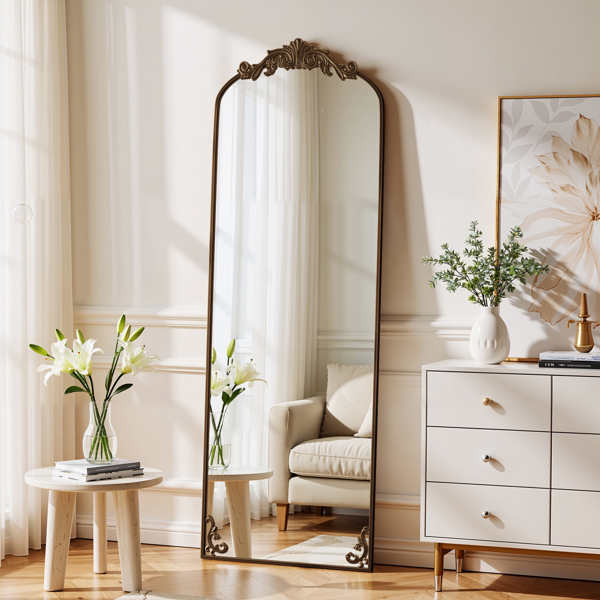 Anyrose 66"x 21" Baroque Full Length Mirror Arched Vintage Floor Mirror with Stand, Antique Bronze