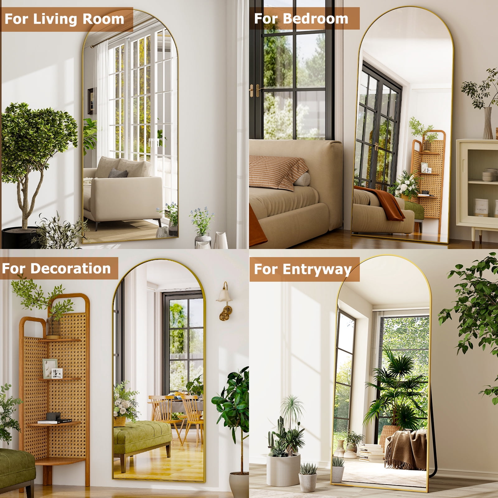 Anyrose 71.2"x30" Arched Full Length Floor Mirror Wall-Mounted Leaning Mirror, Gold