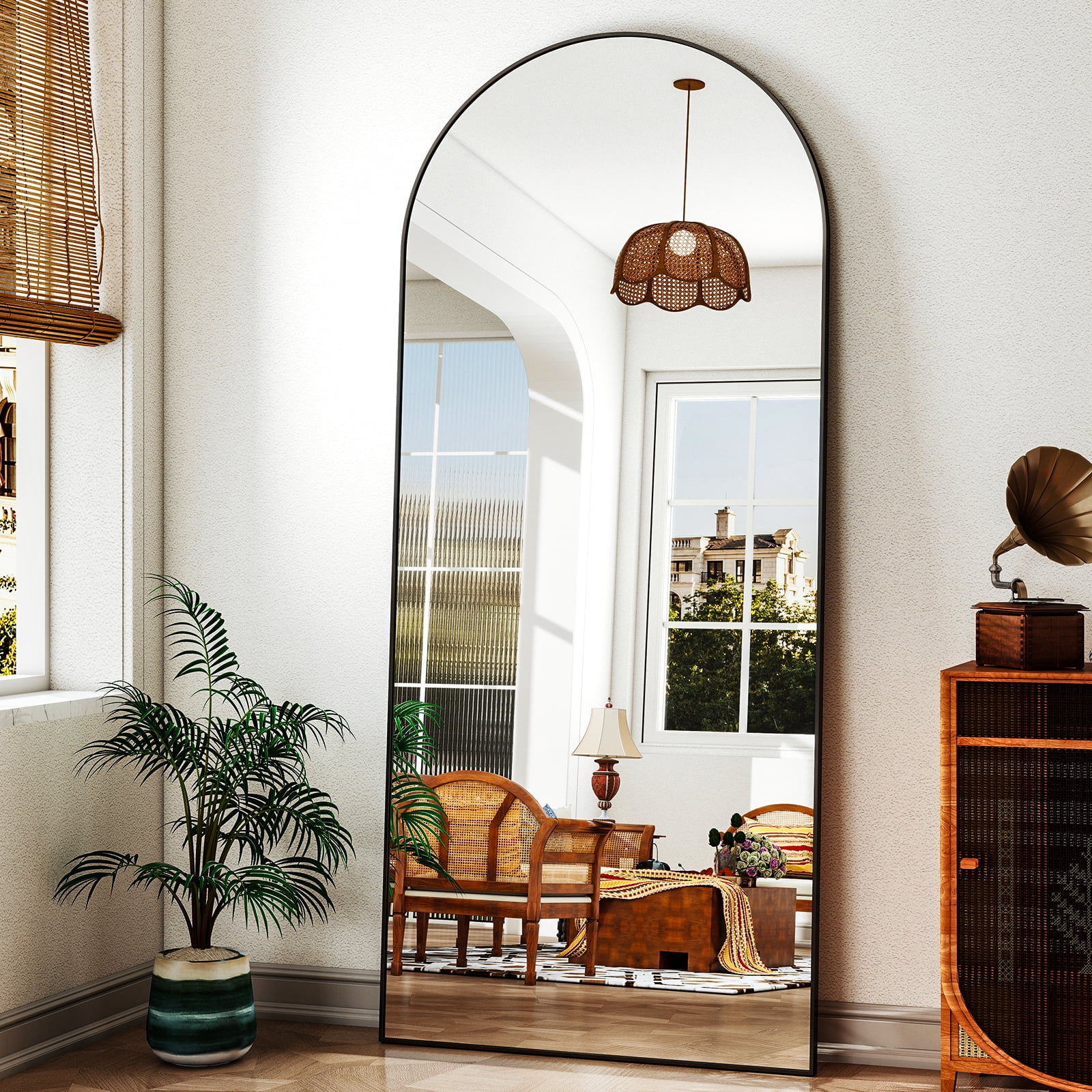 Anyrose 71.4"x30" Arched Full Length Floor Mirror Wall-Mounted Leaning Mirror with Metal Frame, Black