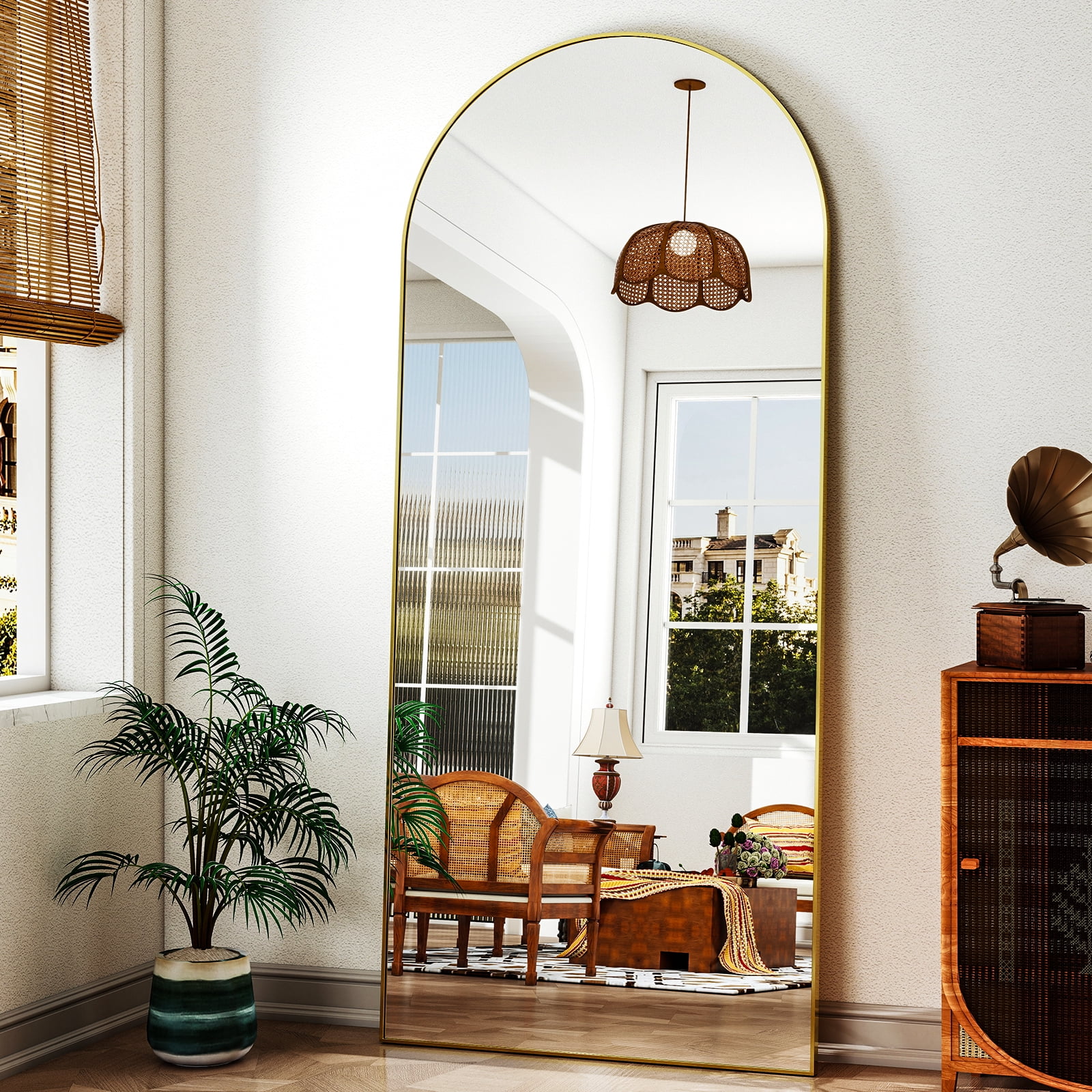 Anyrose 71.4"x30" Arched Full Length Floor Mirror Wall-Mounted Leaning Mirror with Metal Frame, Gold
