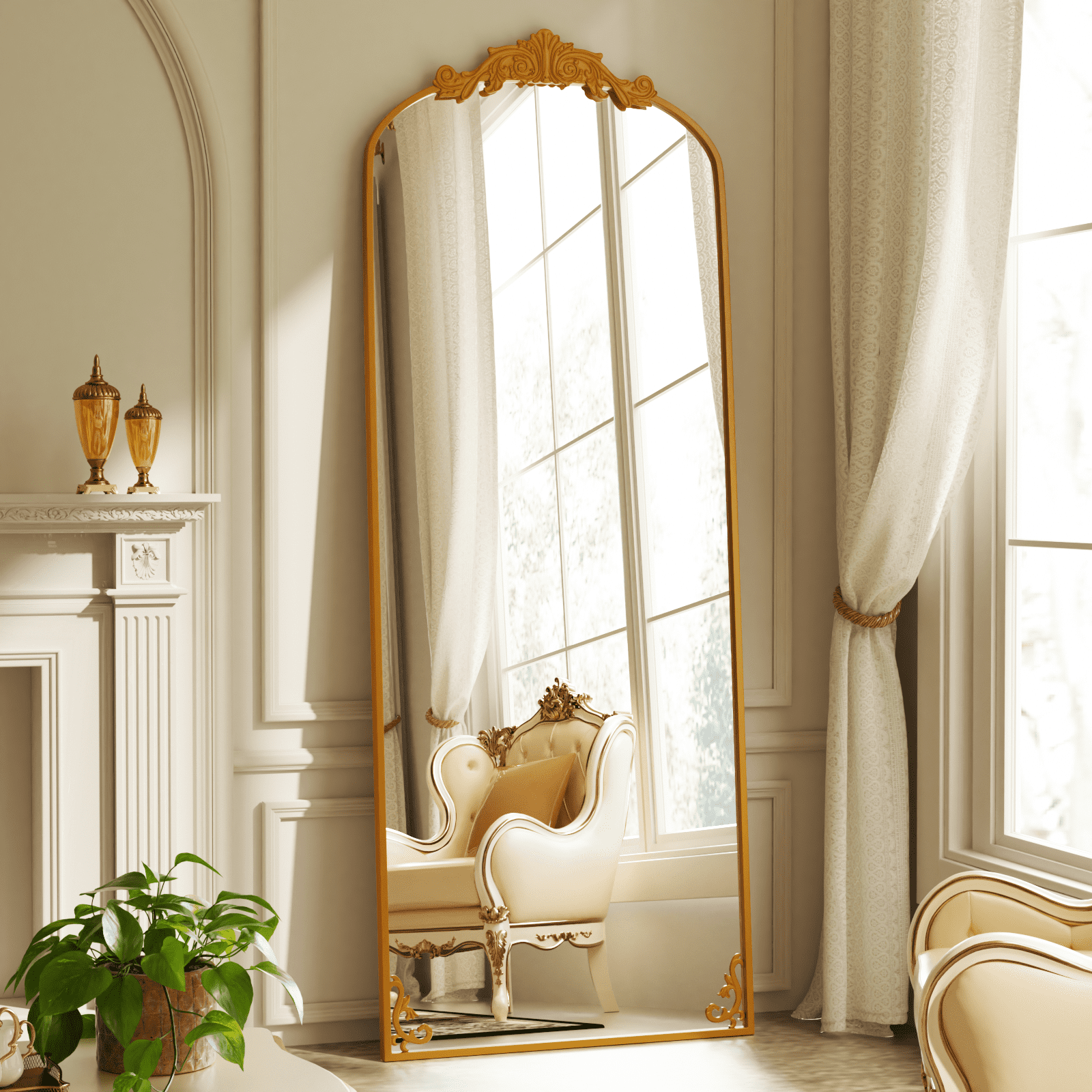 Anyrose 72"x 24" Baroque Full Length Mirror Arched Vintage Floor Mirror with Stand, Gold
