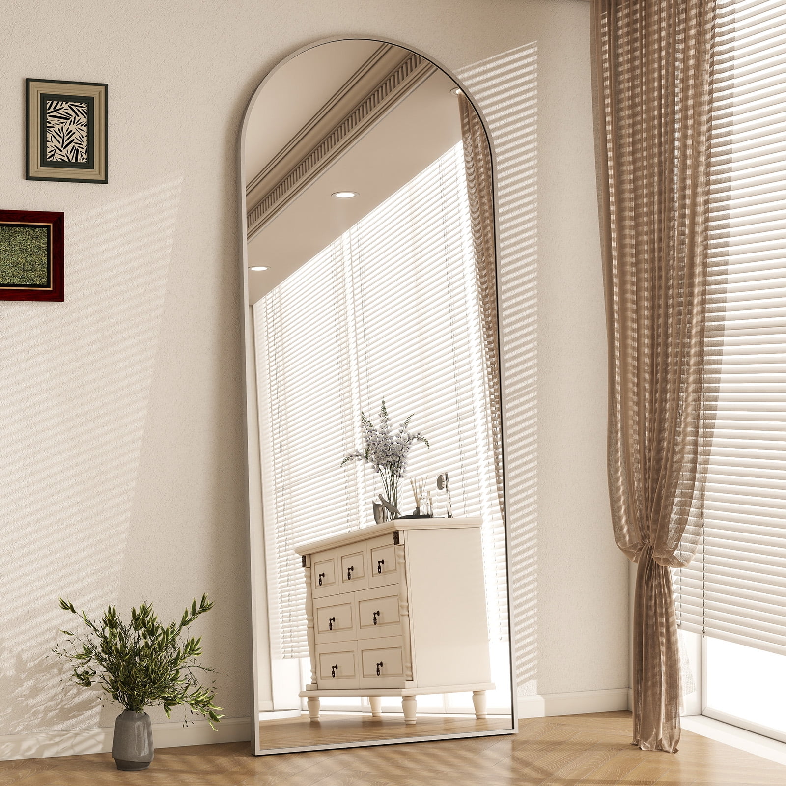 GRAHMCY 72"x25" Arched Floor Mirror with Stand Wall-Mounted, Silver