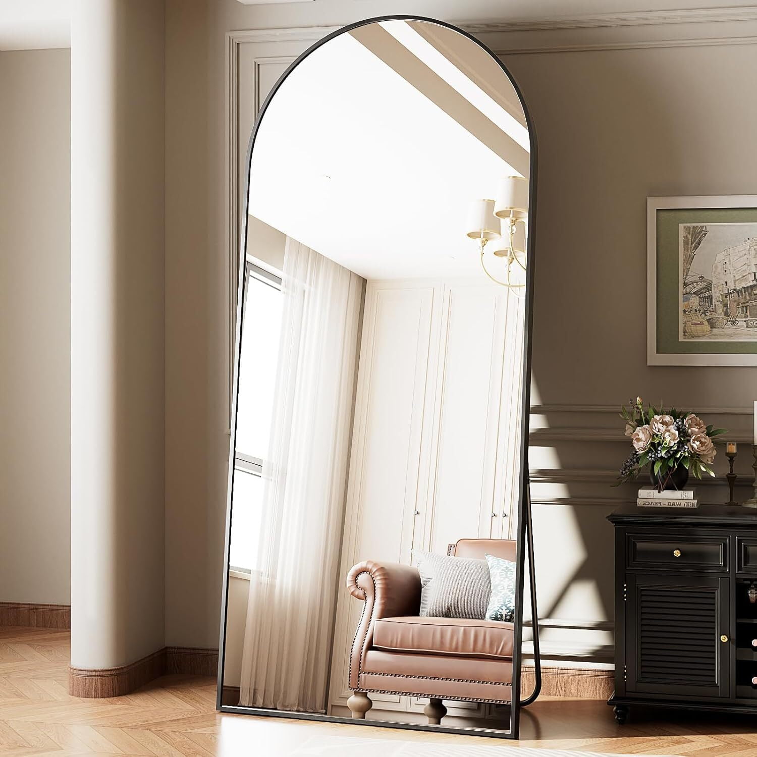 Anyrose 78"x 35" Arched Full Length Mirror Floor Mirror with Stand Wall-Mounted, Black