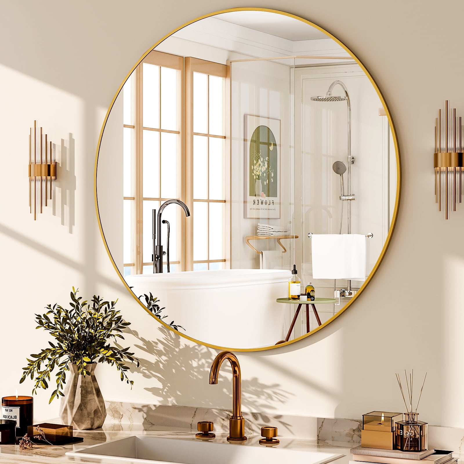 Anyrose Round Bathroom Mirror Wall Mirror 30" x 30", Gold