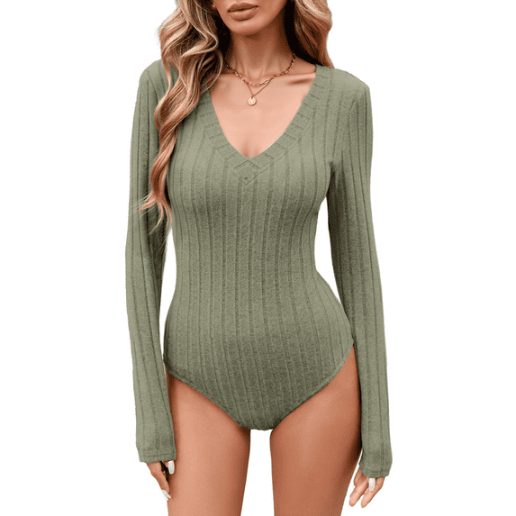 Anyshow Women's Deep V Neck Long Sleeve Bodysuits Fitted Basic T-Shirt Tops, Sizes S-XXL