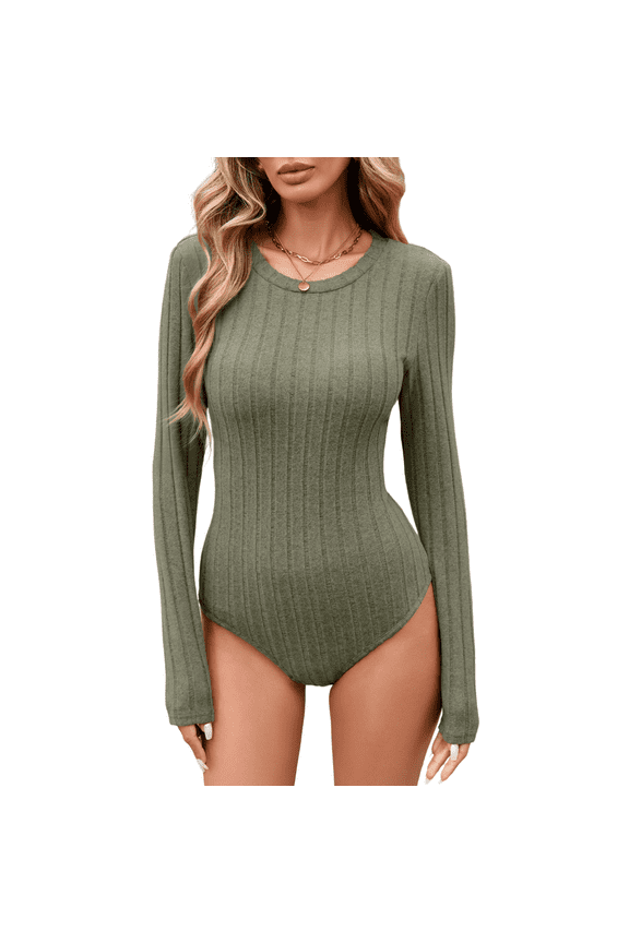 Crew Neck Long Sleeve Bodysuits for Women Slim Fit Casual Stretchy Tops,Size S-XXL