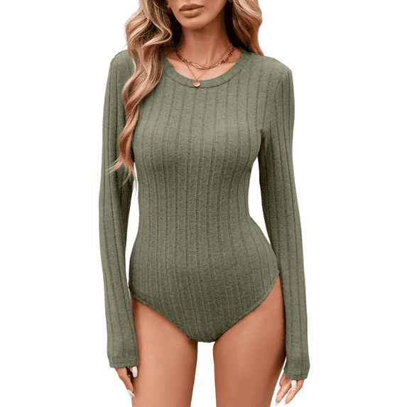 Anyshow Crew Neck Long Sleeve Bodysuits for Women Slim Fit Casual Stretchy Tops,Size S-XXL