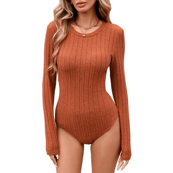 Anyshow Crew Neck Long Sleeve Bodysuits for Women Slim Fit Casual Stretchy Tops,Size S-XXL