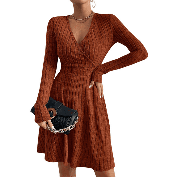 Anyshow Women's Ribbed Knit Dresses Fall Winter Long Sleeve Casual Wrap V-Neck Dress