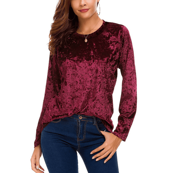Anyshow Women's Vintage Velvet T-Shirt Casual Long Sleeve Crew Neck Pullover Trendy Tops