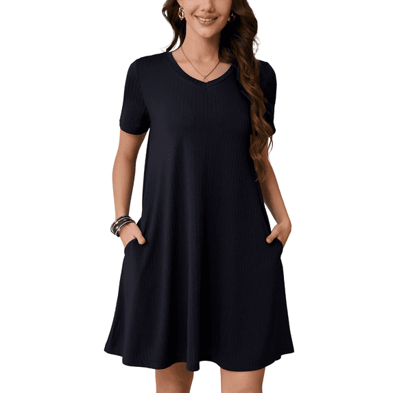 Anyshow Womens Summer Casual Tshirt Dress 2025 Short Sleeve Loose Swing Sundresses with Pockets