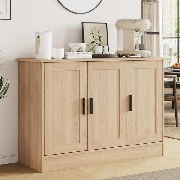 Anystyle 43.3”W Oak 3 Door Buffet Cabinet, Coffee Bar with Adjustable Shelf, Kitchen Sideboard for Living Room, Kitchen