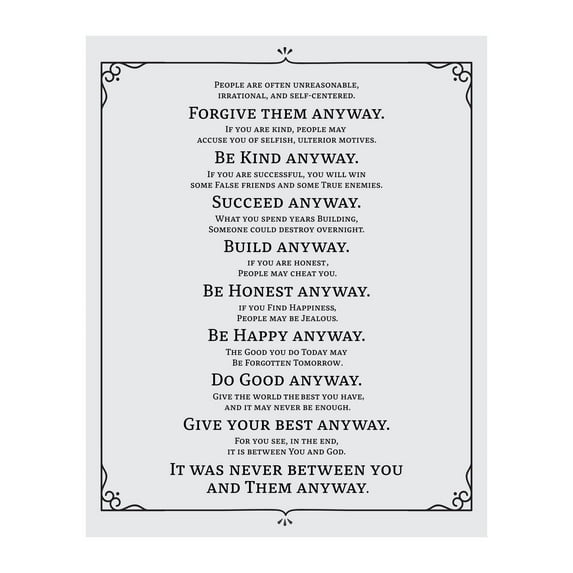 Do It Anyway Mother Teresa Inspirational Quotes Wall Art Print - Typographic Decor for Home, Studio, Classroom & Office Decor - Inspiring Gift of Motivation Wall Art Poster