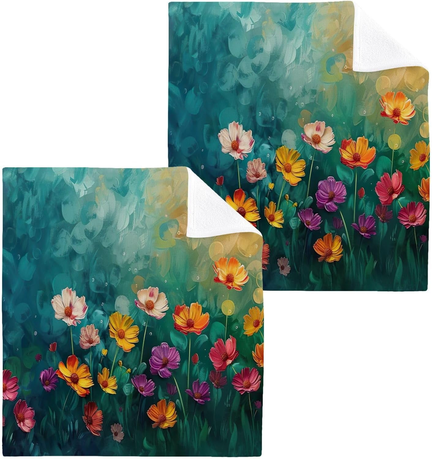 Anyway.go 4PCS Colorful Flowers Painting Towels Cotton Washcloths Set