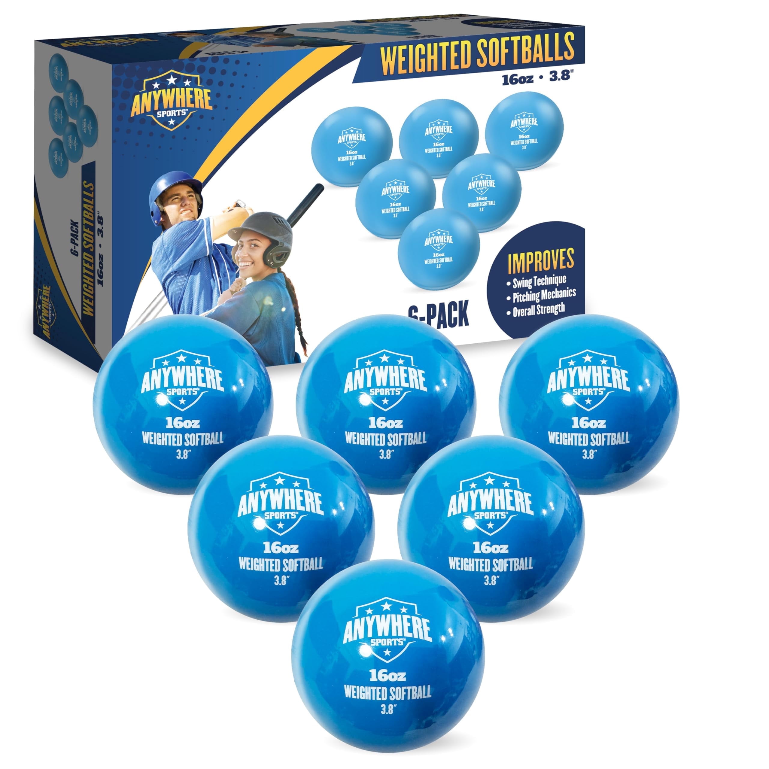 Anywhere Sports Weighted Softballs – 16 oz Training Balls, 3.8" Diameter, Set of 6 for All Skill Levels
