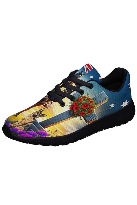 Anzac Day Animals in War Purple Poppy AuStalian Shoes Sneakers Black Size 3.5
