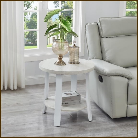 Anze White Round Wood-Look Coffee Table with Storage Shelf - Wide Curved Legs for Stability