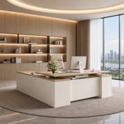71" L-Shaped Executive Desk with Electric Height Adjustment, Power Outlets, File Cabinet, Storage & Privacy Panel, Light Walnut & White