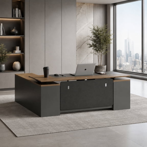 78" L-Shaped Dual Motor Electric Standing Executive Desk, Light Walnut & Gray Height Adjustable Desk with File Cabinet, Storage Cabinet & Open Shelves