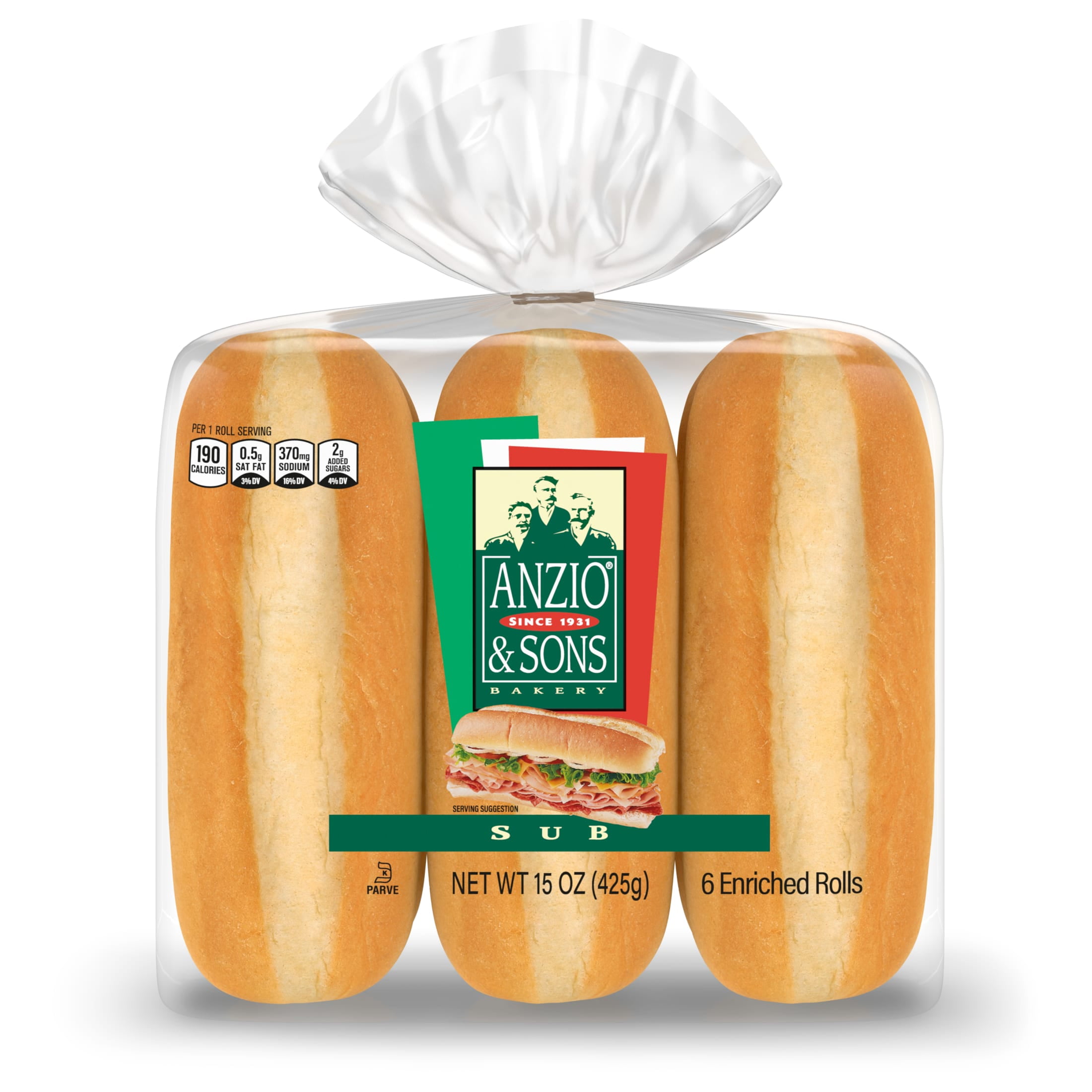 Anzio & Sons White Sub Rolls, 6 count, Sandwich Rolls, 15 oz Bag