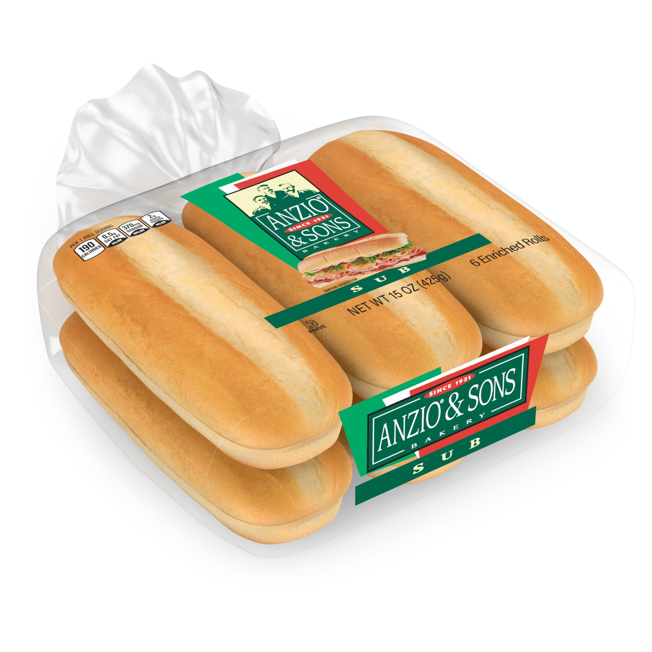 Anzio & Sons White Sub Rolls, 6 count, Sandwich Rolls, 15 oz Bag