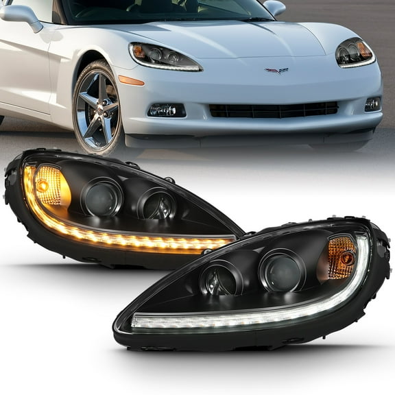 ANZO 2005-2013 Chevy Corvette Projector Headlight Set with Halo and Switchback - Black Housing with Amber Accents