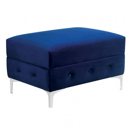 Anzo 32 Inch Square Ottoman, Button Tufting, Chrome Plated Steel Legs, Blue - Saltoro Sherpi