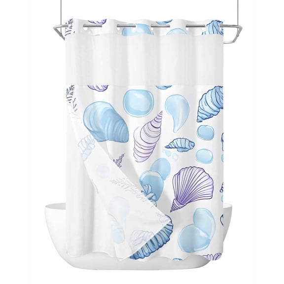 Anzona No Hook Shower Curtains, Blue Conch Coastal Stall Bathroom Curtain with Snap in Liner, Shell Nautical Summer Beach Ocean Waterproof Washable Fabric Bathroom Shower Curtain Sets, 48" x 72"