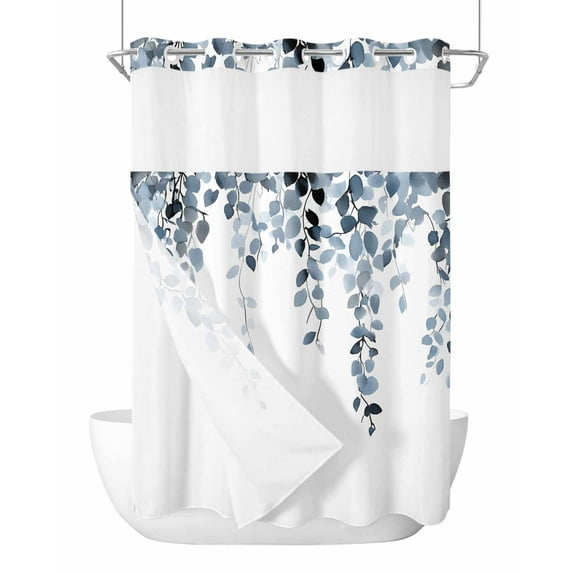 Anzona No Hook Shower Curtains, Blue Eucalyptus Leaves Stall Bathroom Curtain with Snap in Liner, Summer Botanical Watercolor Waterproof Washable Fabric Bathroom Shower Curtain Sets, 48" x 72"
