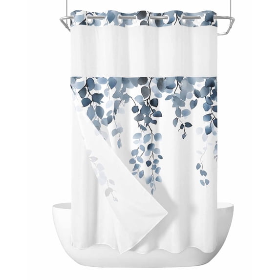 Anzona No Hook Shower Curtains, Blue Eucalyptus Leaves Stall Bathroom Curtain with Snap in Liner, Summer Botanical Watercolor Waterproof Washable Fabric Bathroom Shower Curtain Sets, 54" x 78"
