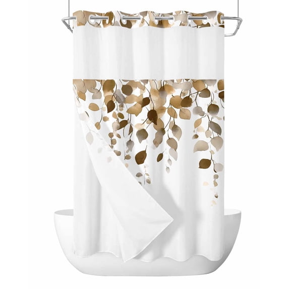 Anzona No Hook Shower Curtains, Brown Eucalyptus Leaves Small Shower Curtains with Snap in Liner, Summer Watercolor Leaf Waterproof Washable Fabric Bathroom Shower Curtain Sets, 36" x 72"