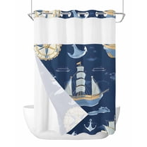 Anzona No Hook Shower Curtains, Navy Blue Boat Coastal Standard Bathroom Curtains with Snap in Liner, Nautical Sea Summer Ocean Waterproof Washable Fabric Bathroom Shower Curtain Sets, 60" x 72"